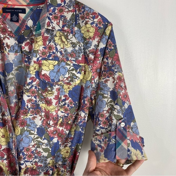 Tommy Hilfiger Floral Print Cottage Core Prairie Tie Waist Button Up Midi Dress - Picture 2 of 6